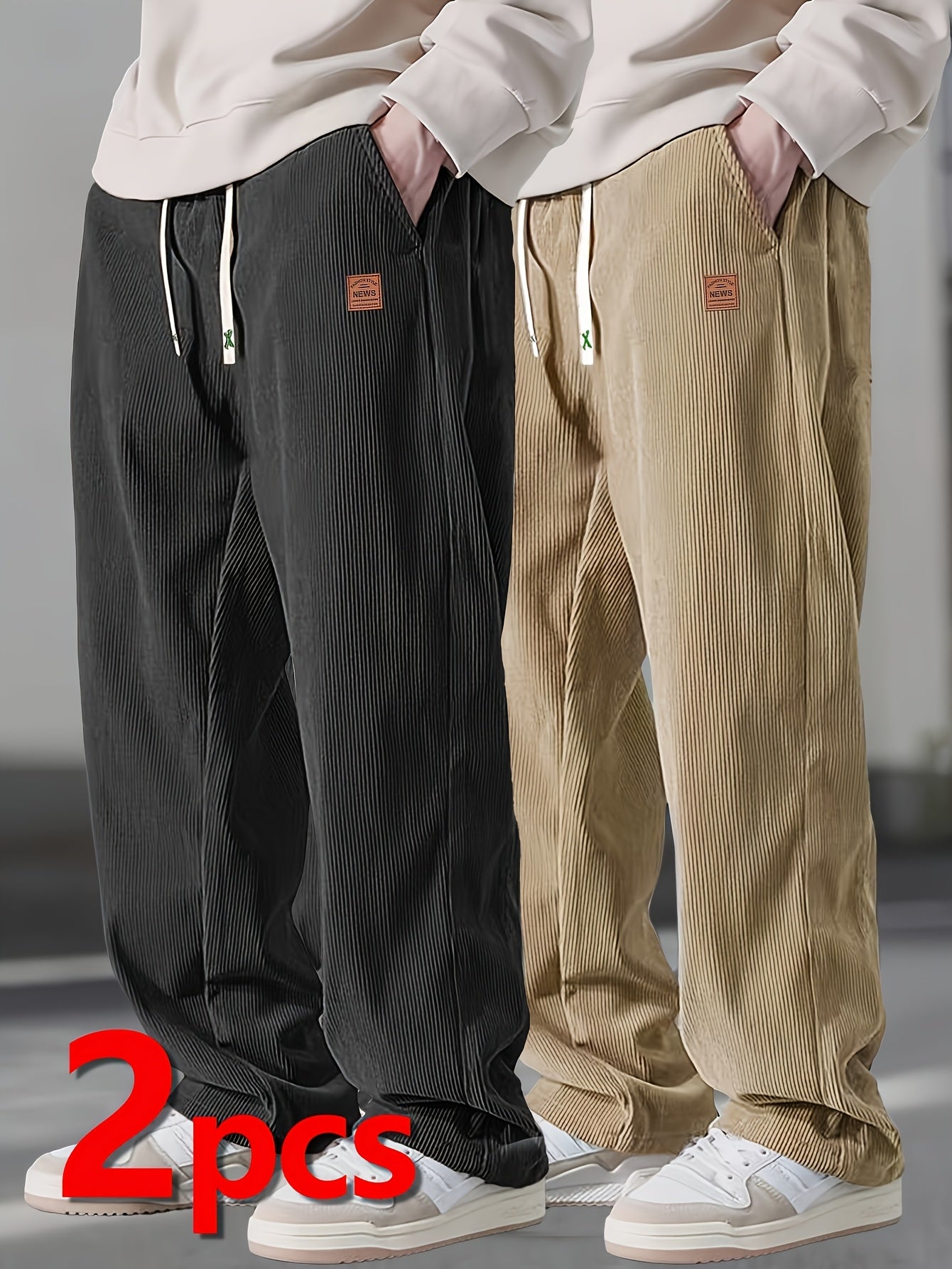 Alphabonix Men’s Corduroy Straight-Leg Trousers – 2 Pack