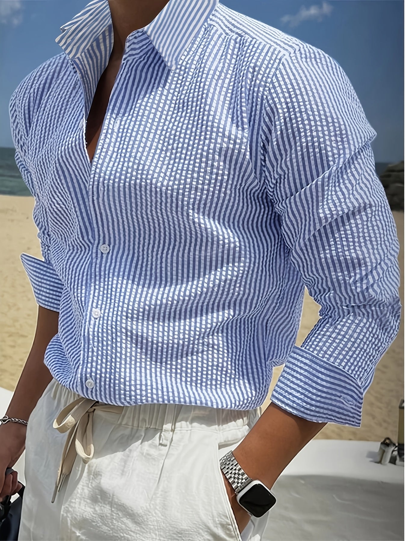 Alphabonix Men’s Seersucker Striped Long Sleeve Shirt