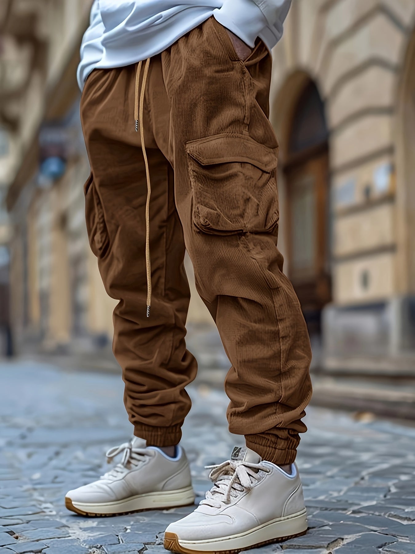 Alphabonix Men’s Corduroy Cargo Jogger Trousers – Casual Utility Style